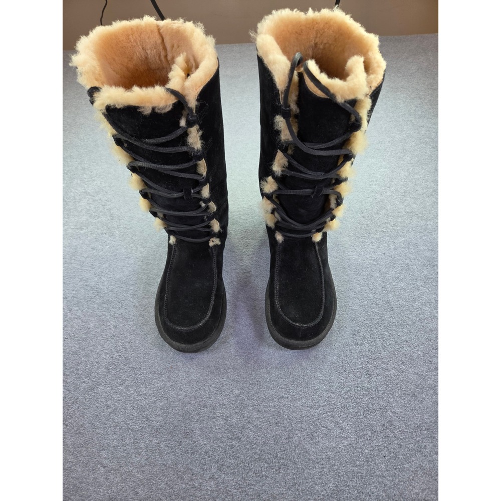 UGG Australia Black Suede Tall Lace Up Shearling Trim Winter Boots Metal Logo